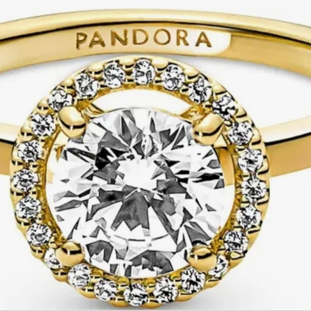 Pandora 14k Gold Plated Sparkling Round Halo Ring - Size 7 1/2